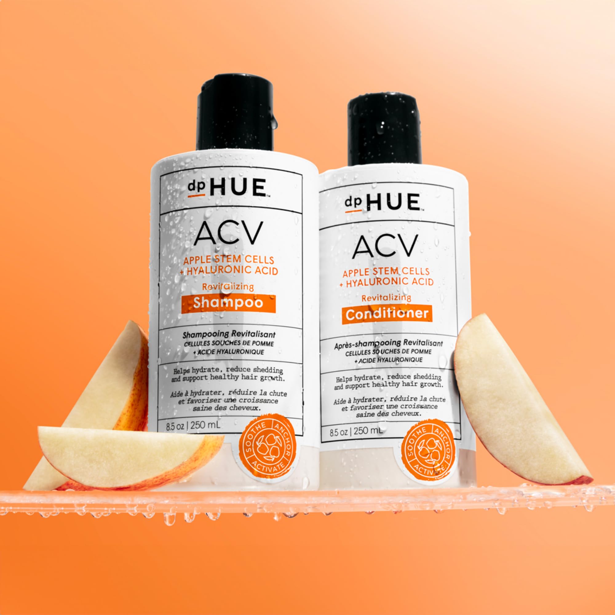Foamy lather shot from dpHUE ACV Revitalizing Shampoo indicating gentle exfoliation.