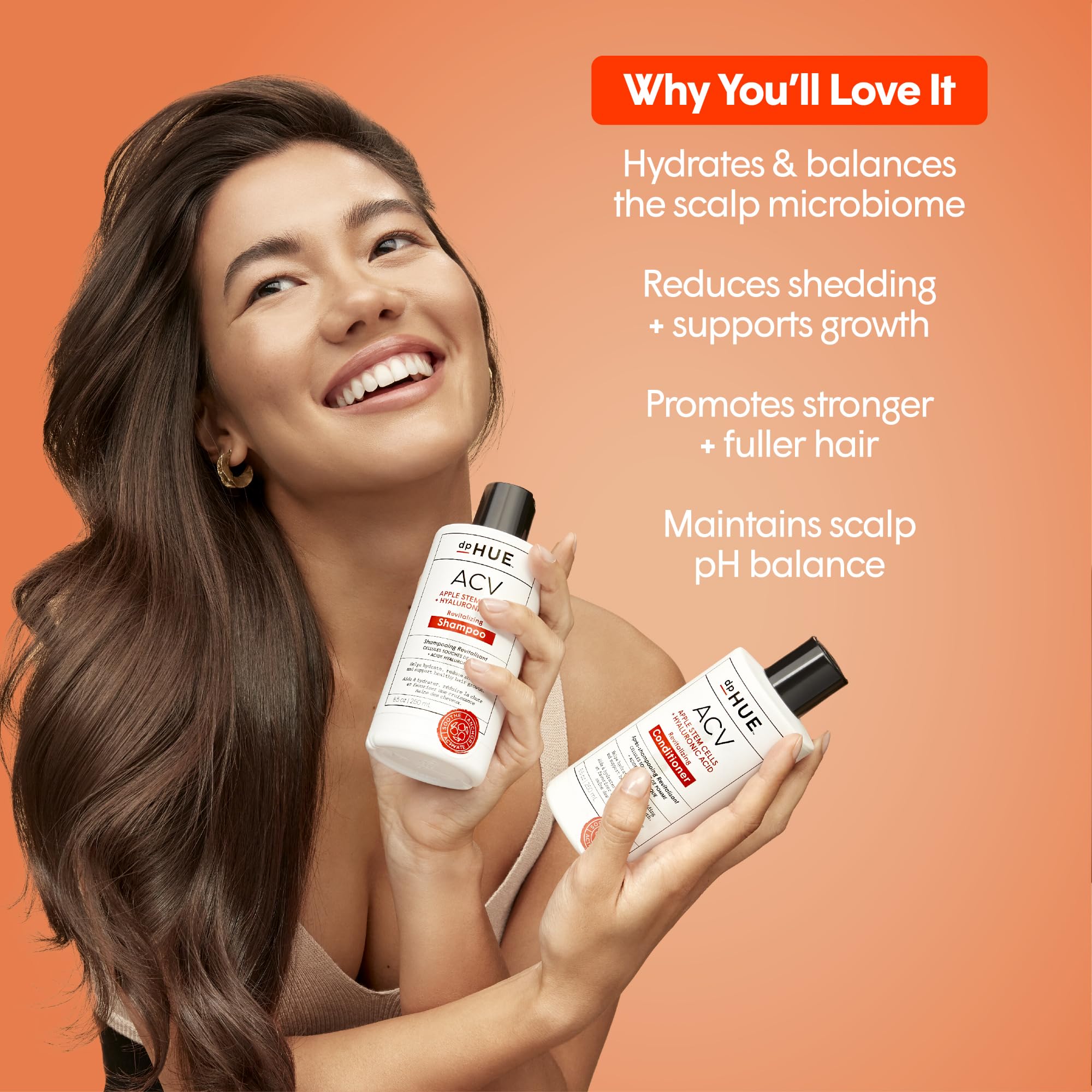 dpHUE ACV Revitalizing Shampoo label closeup showcasing vegan and color-safe formula.