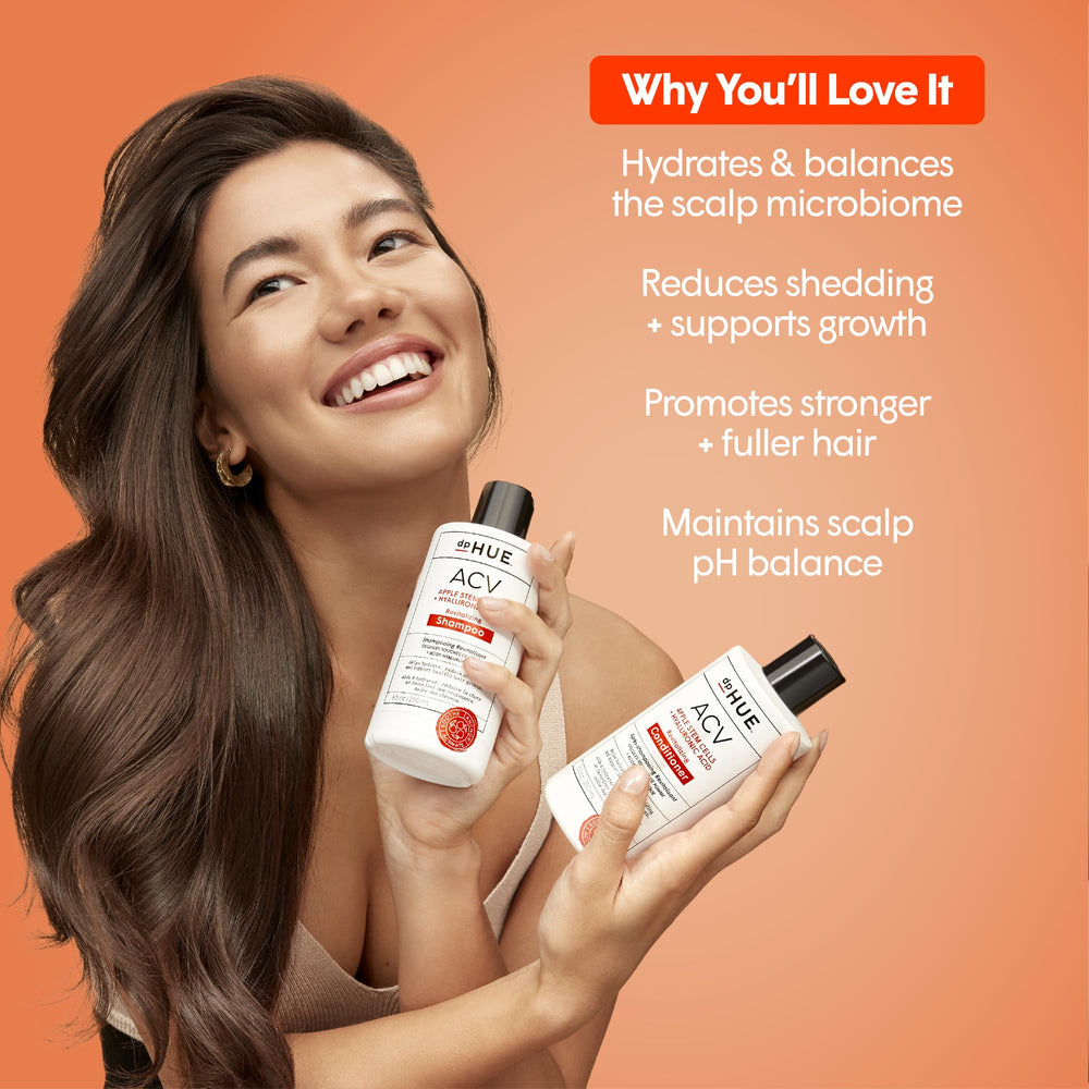dpHUE ACV Revitalizing Shampoo label closeup showcasing vegan and color-safe formula.