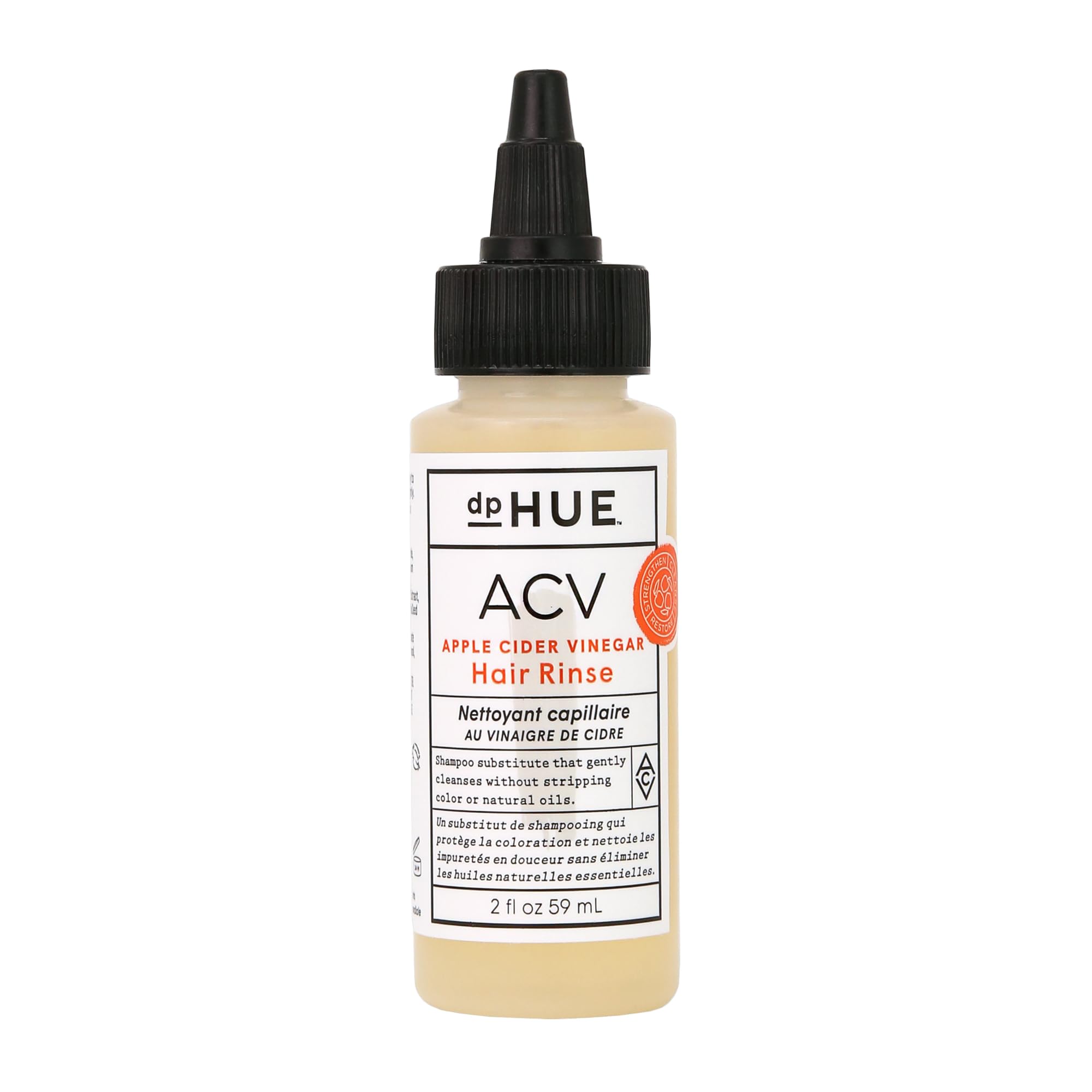 dpHUE Apple Cider Vinegar Hair Rinse bottle shown for gentle scalp cleansing and color protection.