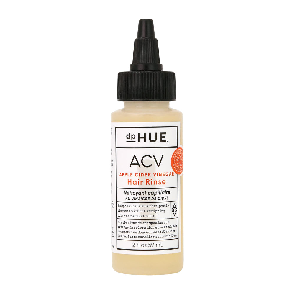 dpHUE Apple Cider Vinegar Hair Rinse bottle shown for gentle scalp cleansing and color protection.