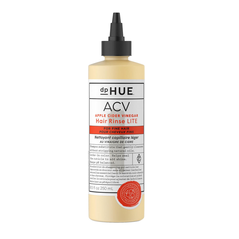 dpHUE Apple Cider Vinegar Hair Rinse Lite bottle shows color-safe cleansing for fine hair