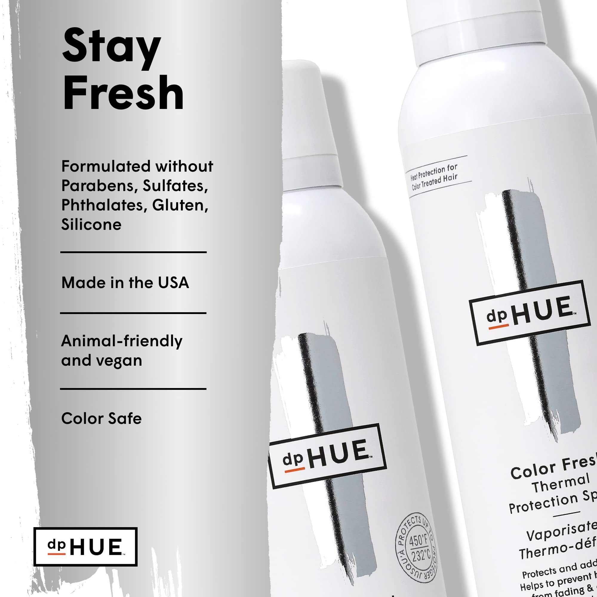 dpHUE Color Fresh Thermal Protection Spray shows cruelty-free and vegan branding.