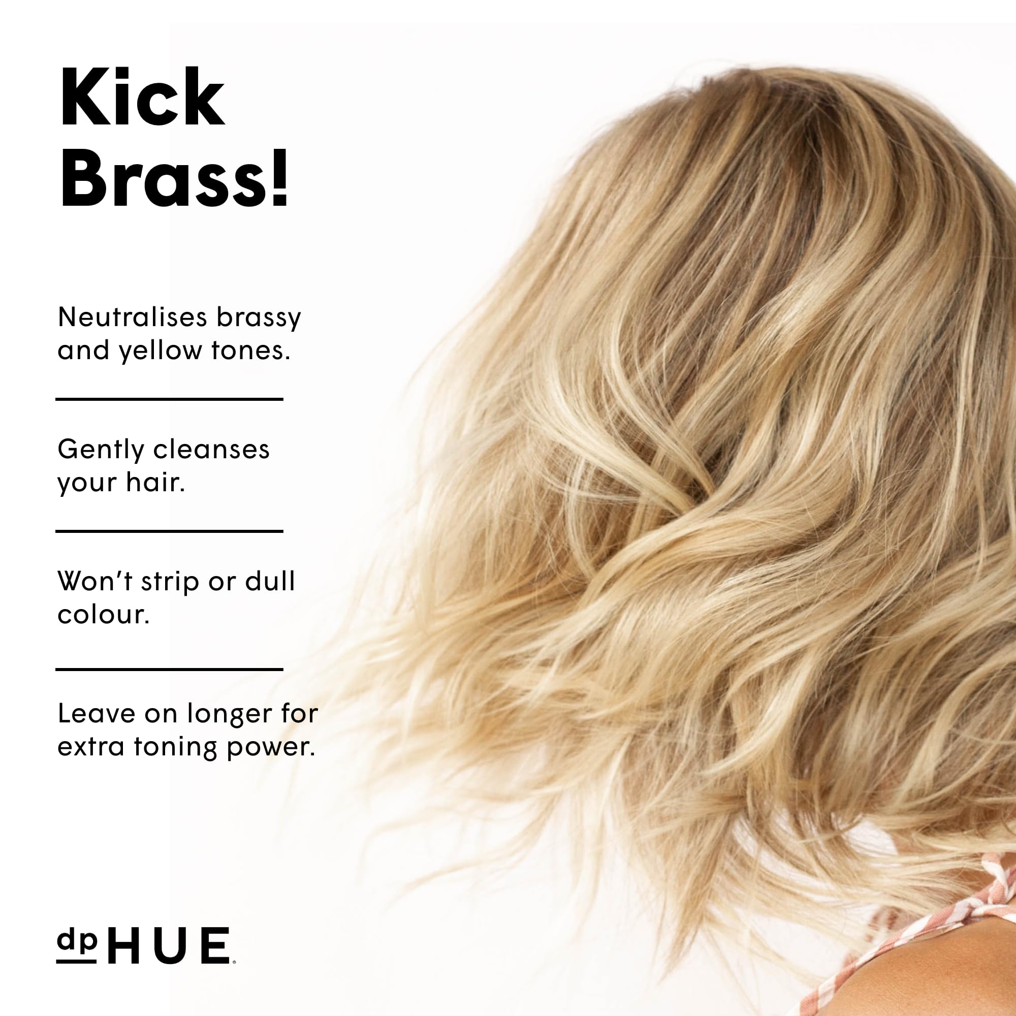dpHUE Cool Blonde Shampoo pour demonstrates purple pigments counteracting yellow brass tones.