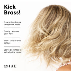 dpHUE Cool Blonde Shampoo pour demonstrates purple pigments counteracting yellow brass tones.