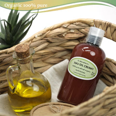 Dr Adorable 8oz Emu Oil bottle pour demonstrates fast absorption without greasiness