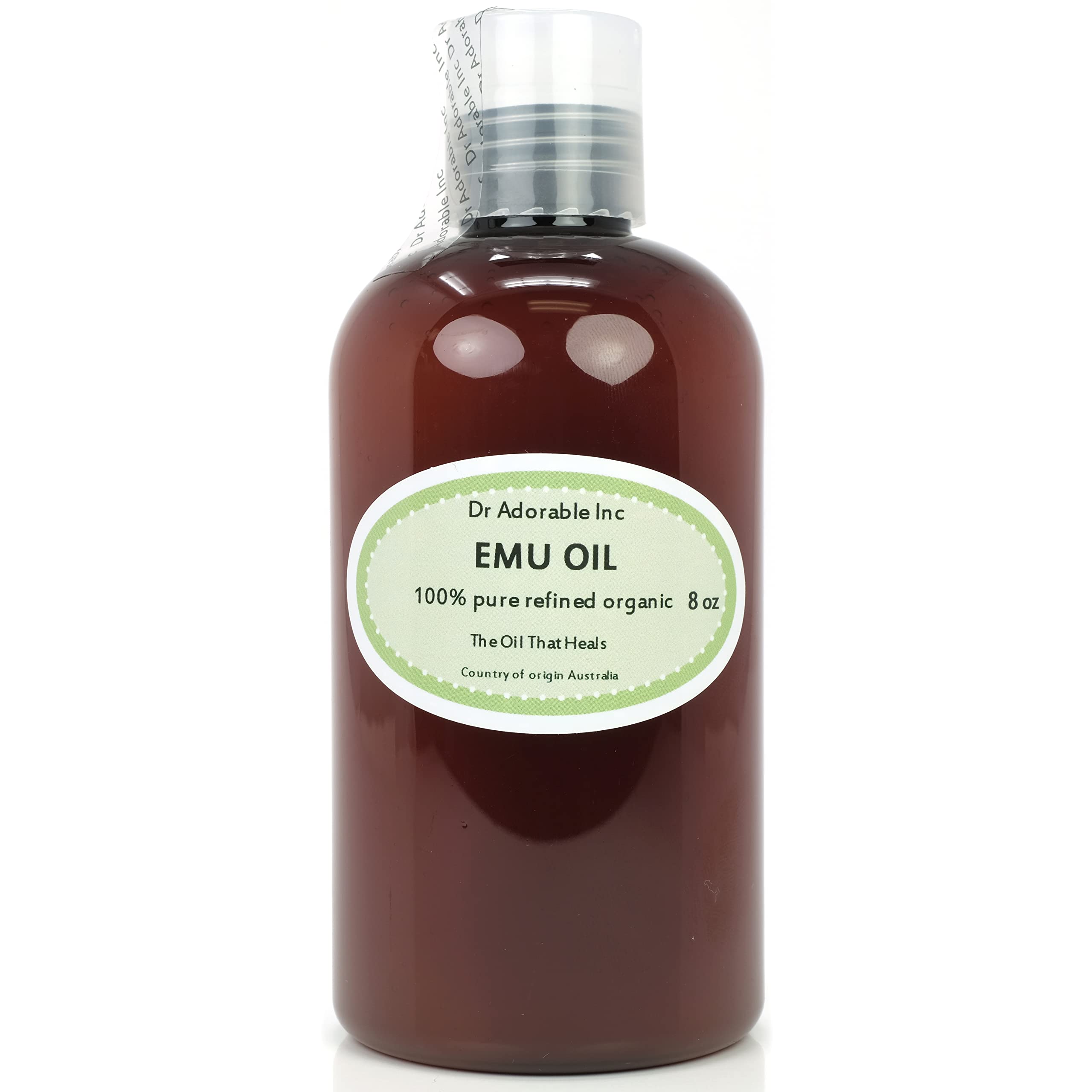 Dr Adorable Australian Emu Oil bottle showcases refined purity for skin nourishment.