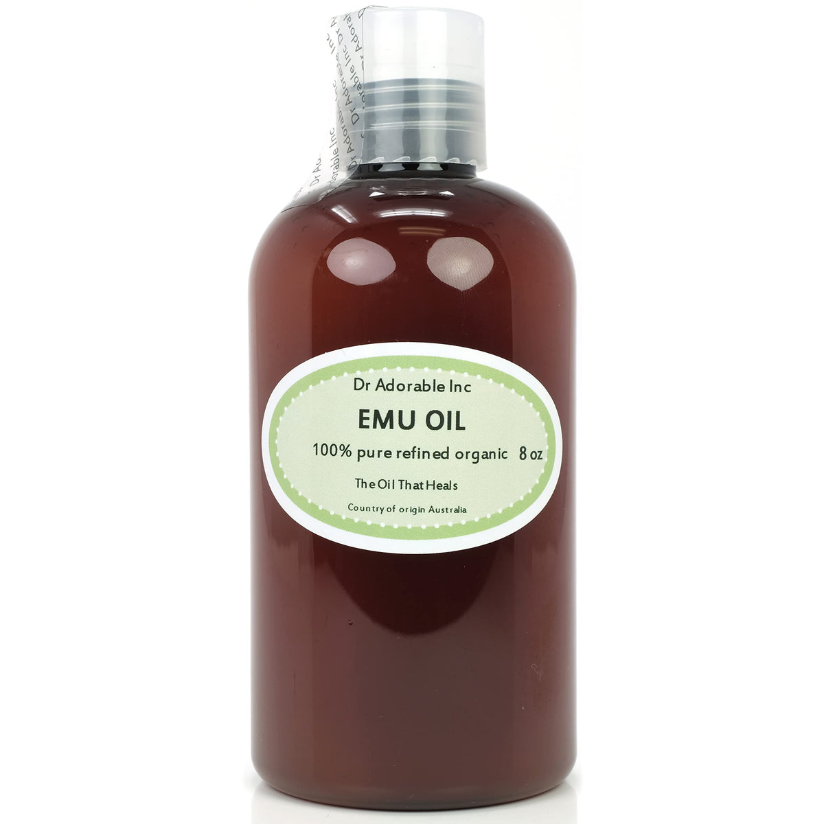 Dr Adorable Australian Emu Oil bottle showcases refined purity for skin nourishment.
