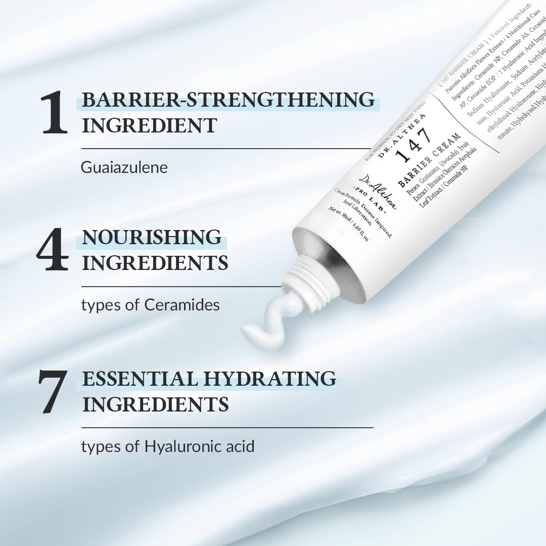 Dr.Althea 147 Barrier Cream tube and swirl show lightweight, refreshing finish.