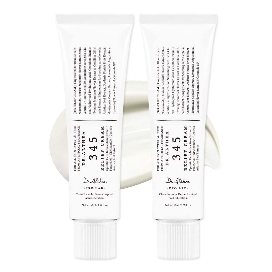 Dr.Althea 345 Relief Cream bottle close-up showing a silky, non-greasy moisturizer for daily use