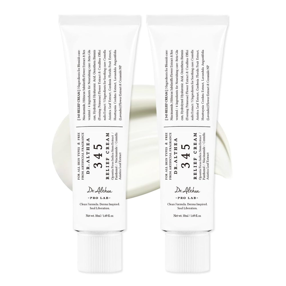 Dr.Althea 345 Relief Cream bottle close-up showing a silky, non-greasy moisturizer for daily use
