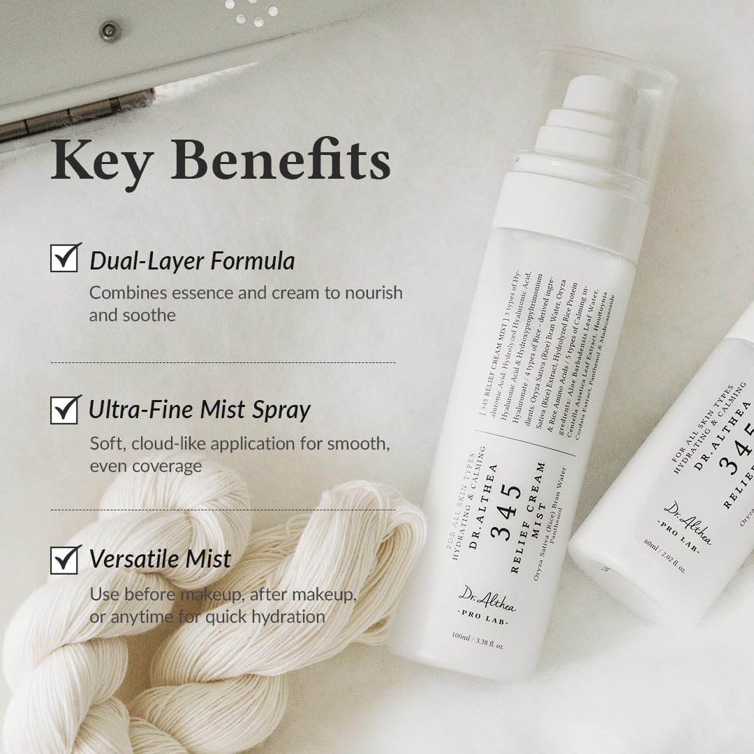 Dr.Althea 345 Relief Cream Mist close-up of 2-in-1 layer highlighting nourishment and hydration.
