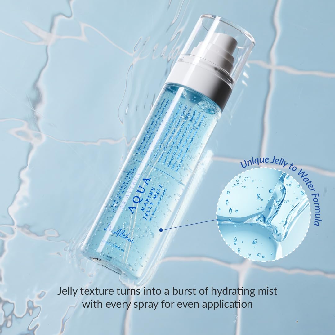 Dr.Althea Aqua Marine Jelly Mist applied to face for targeted hydration.