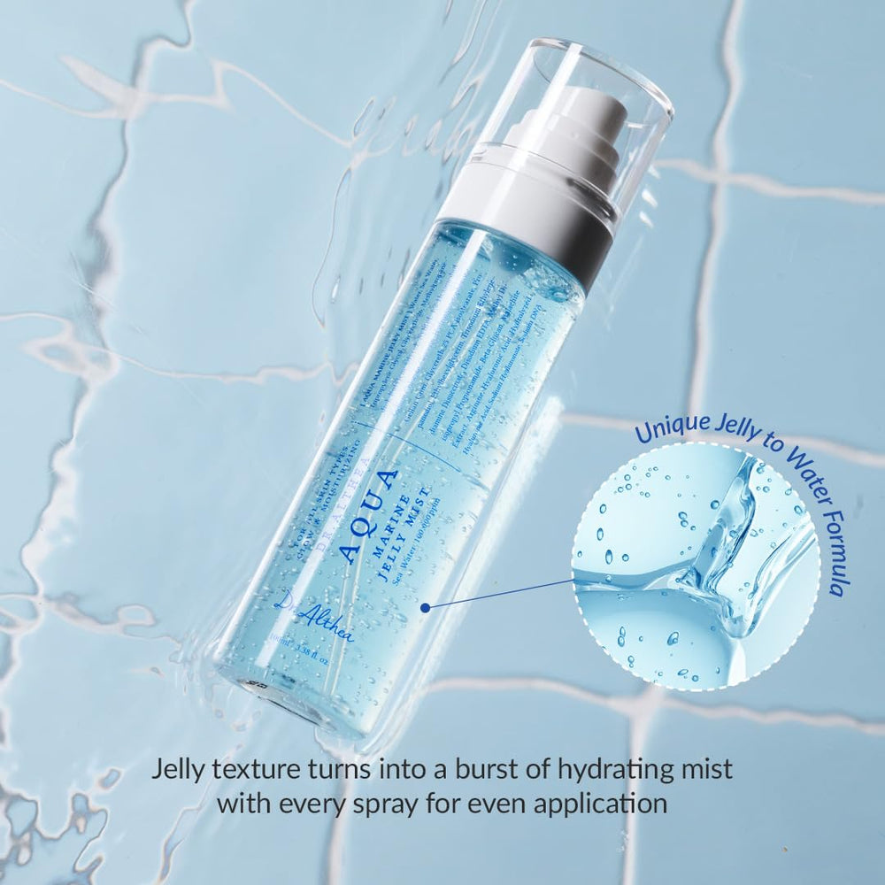 Dr.Althea Aqua Marine Jelly Mist applied to face for targeted hydration.