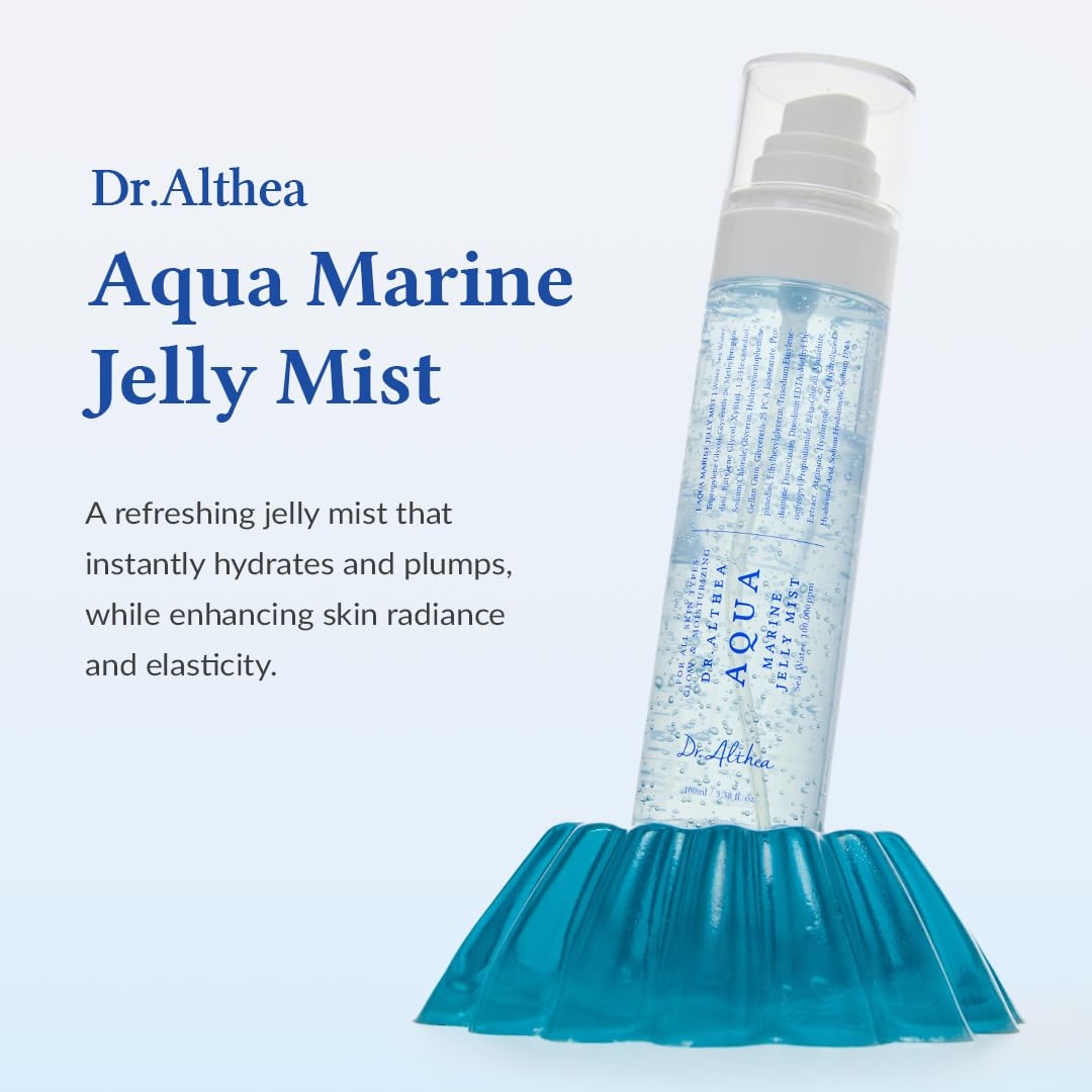 Dr.Althea Aqua Marine Jelly Mist spray application demonstrates ultra-fine mist and hydration.