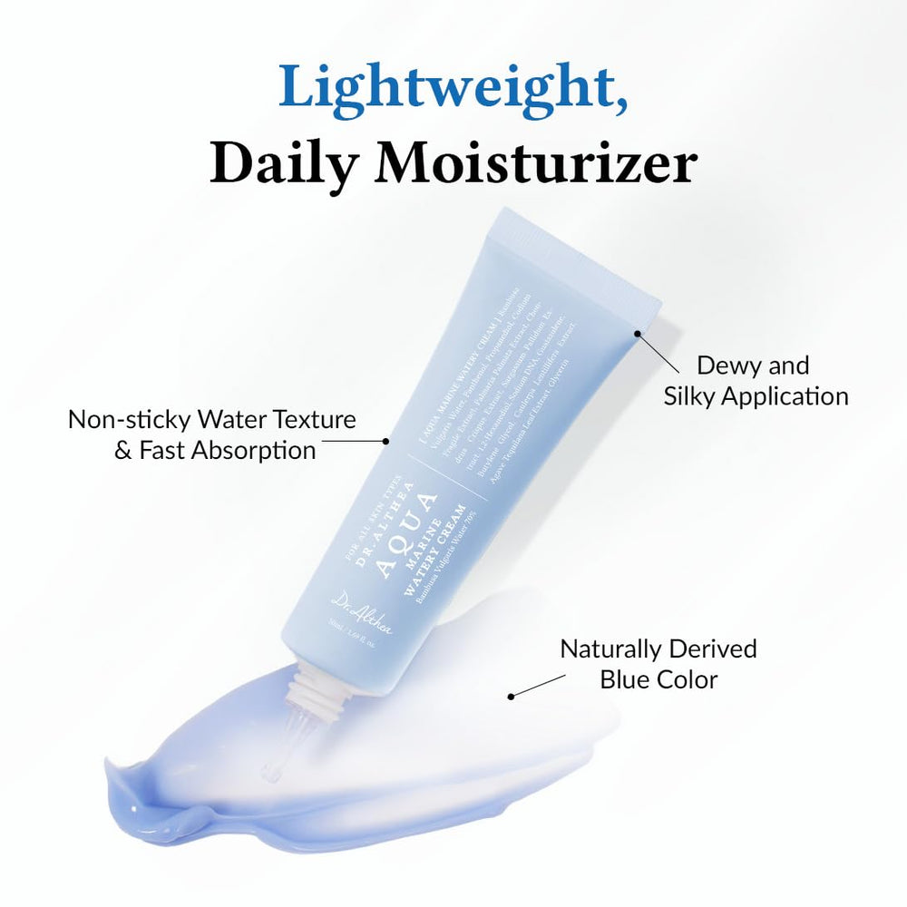 Dr.Althea Aqua Marine Watery Cream texture swirl demonstrates non-greasy, fast-absorbing hydration.