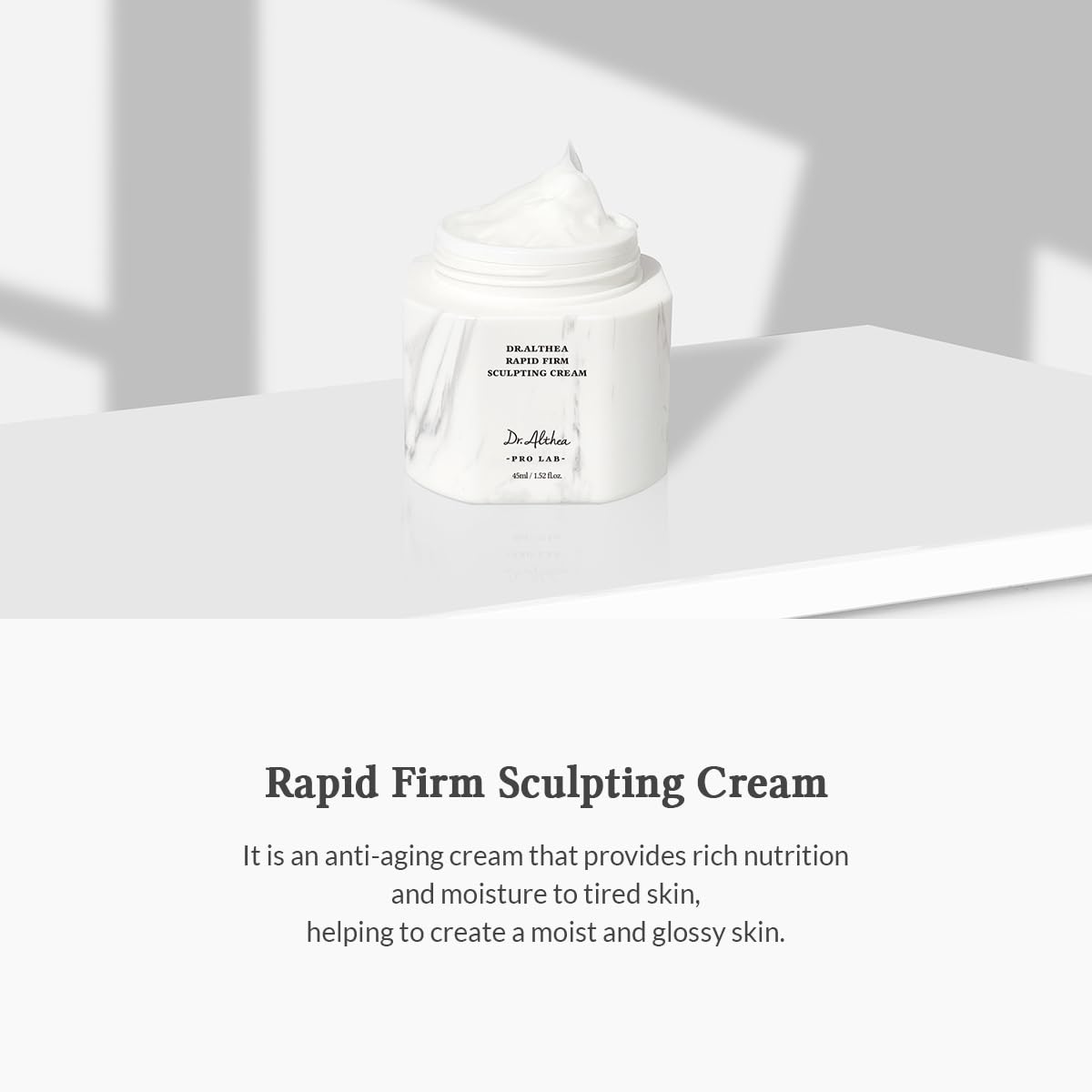 Dr.Althea Rapid Firm Sculpting Cream texture swirl highlights smooth, dewy finish without stickiness.