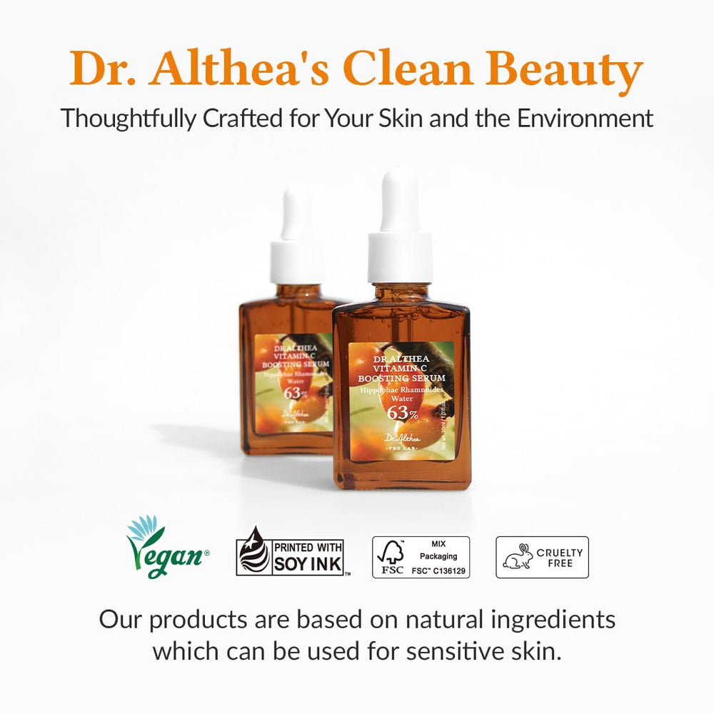 Dr.Althea Vitamin C Boosting Serum vegan-certified label signals clean skincare.