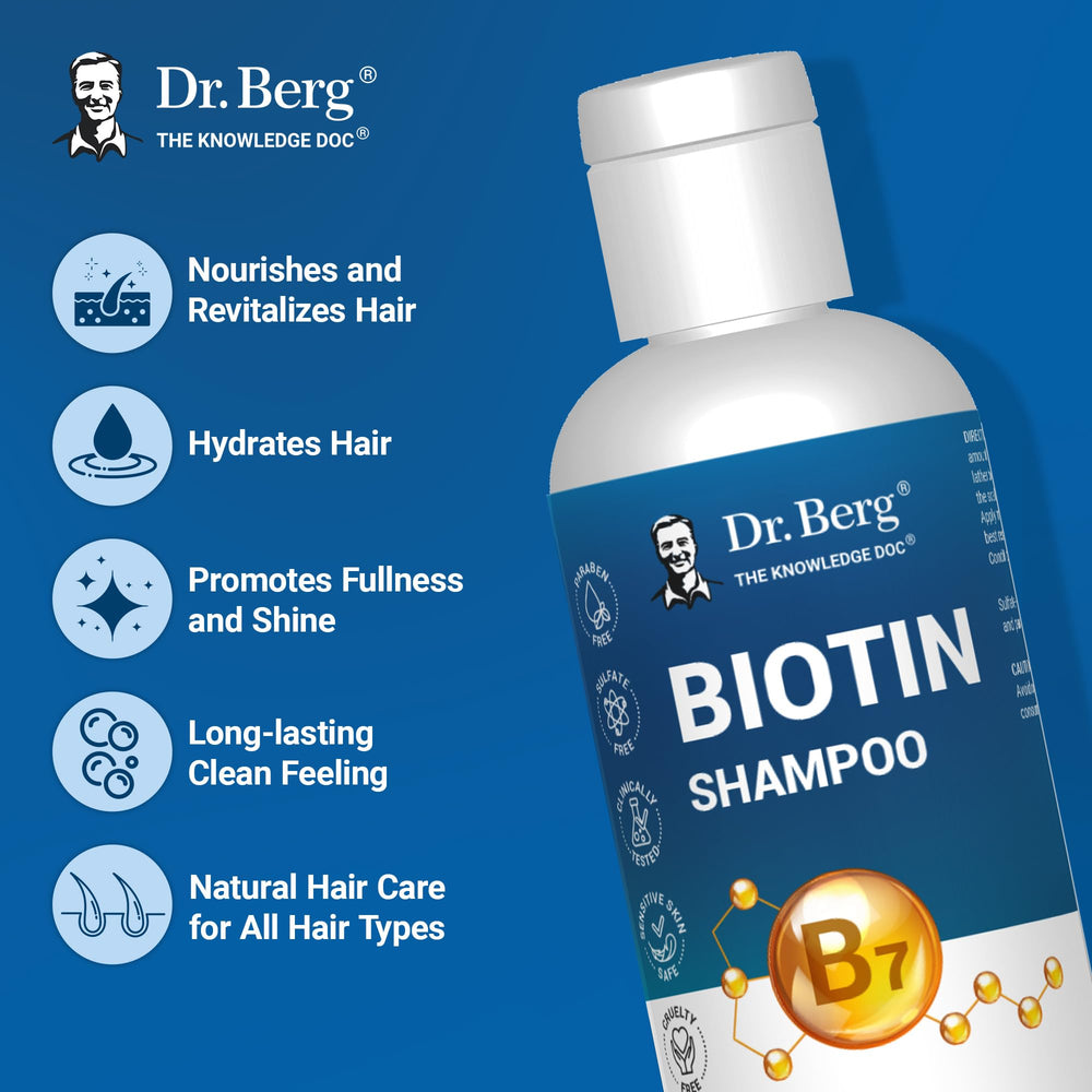 Dr. Berg Biotin Shampoo with argan oil drops nourishes hair with natural shine.