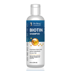 Dr. Berg Biotin Shampoo bottle pour supports daily scalp nourishment.
