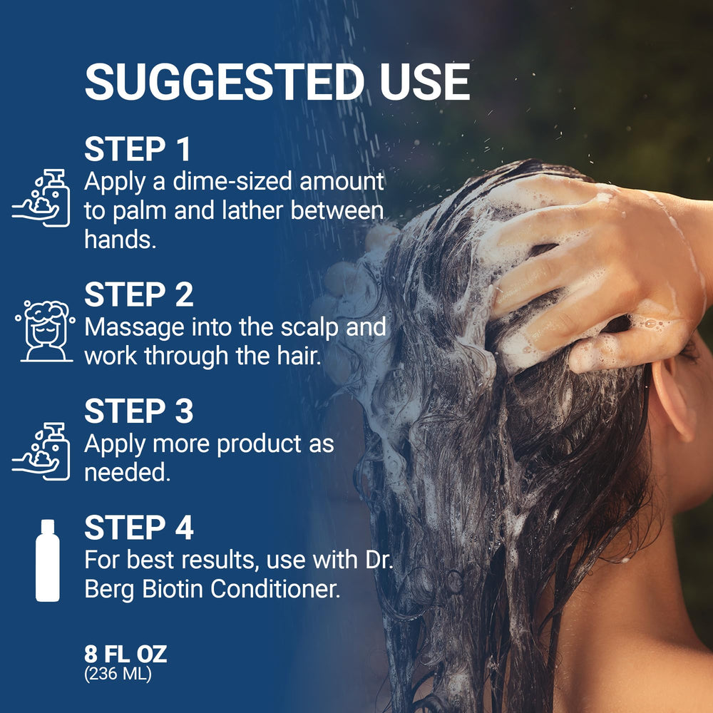 Dr. Berg Biotin Shampoo ingredients highlight biotin, castor oil and botanicals.
