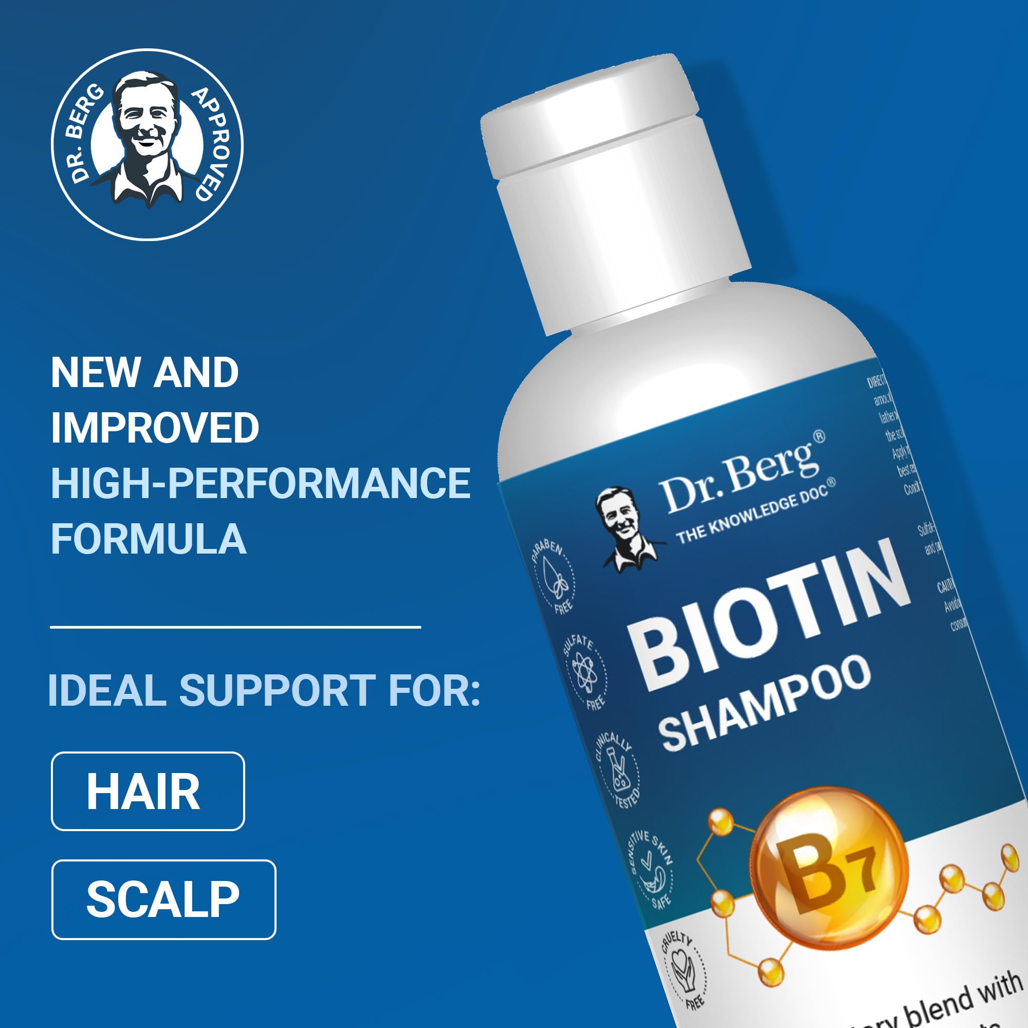 Dr. Berg Biotin Shampoo pump dispenser for easy, mess-free application.