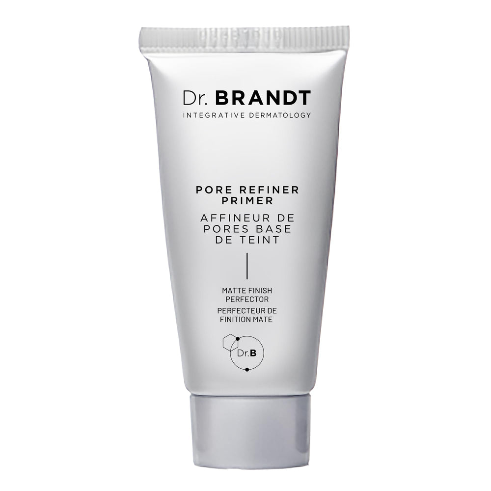 Dr. Brandt Pores No More bottle closeup highlighting pore refinement.