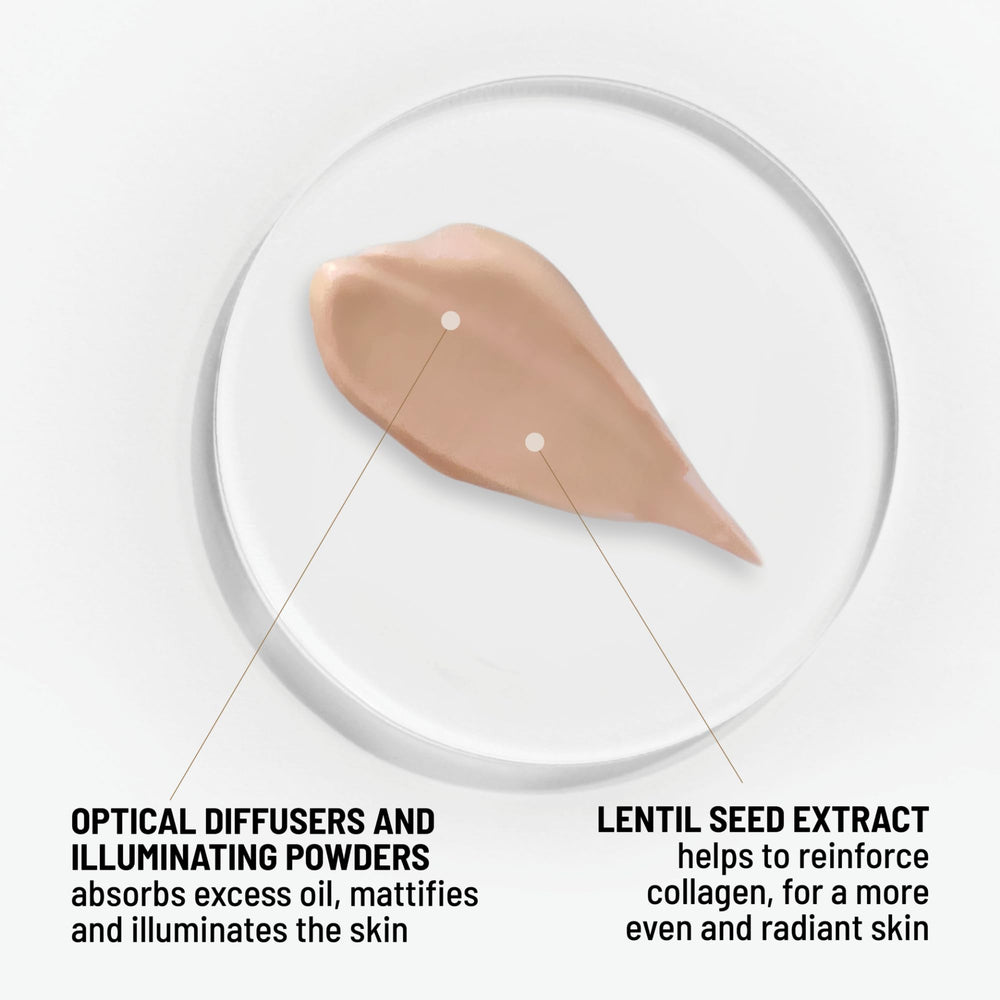 Dr. Brandt Pores No More Luminizer Primer glowing swatch suggests radiant complexion.
