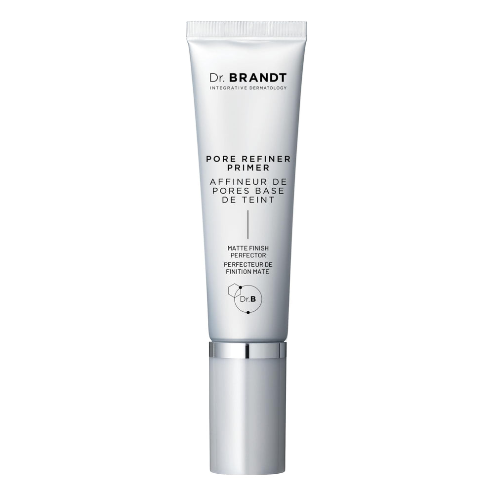 Dr. Brandt Pores No More primer jar closeup, silky texture for pore refinement.
