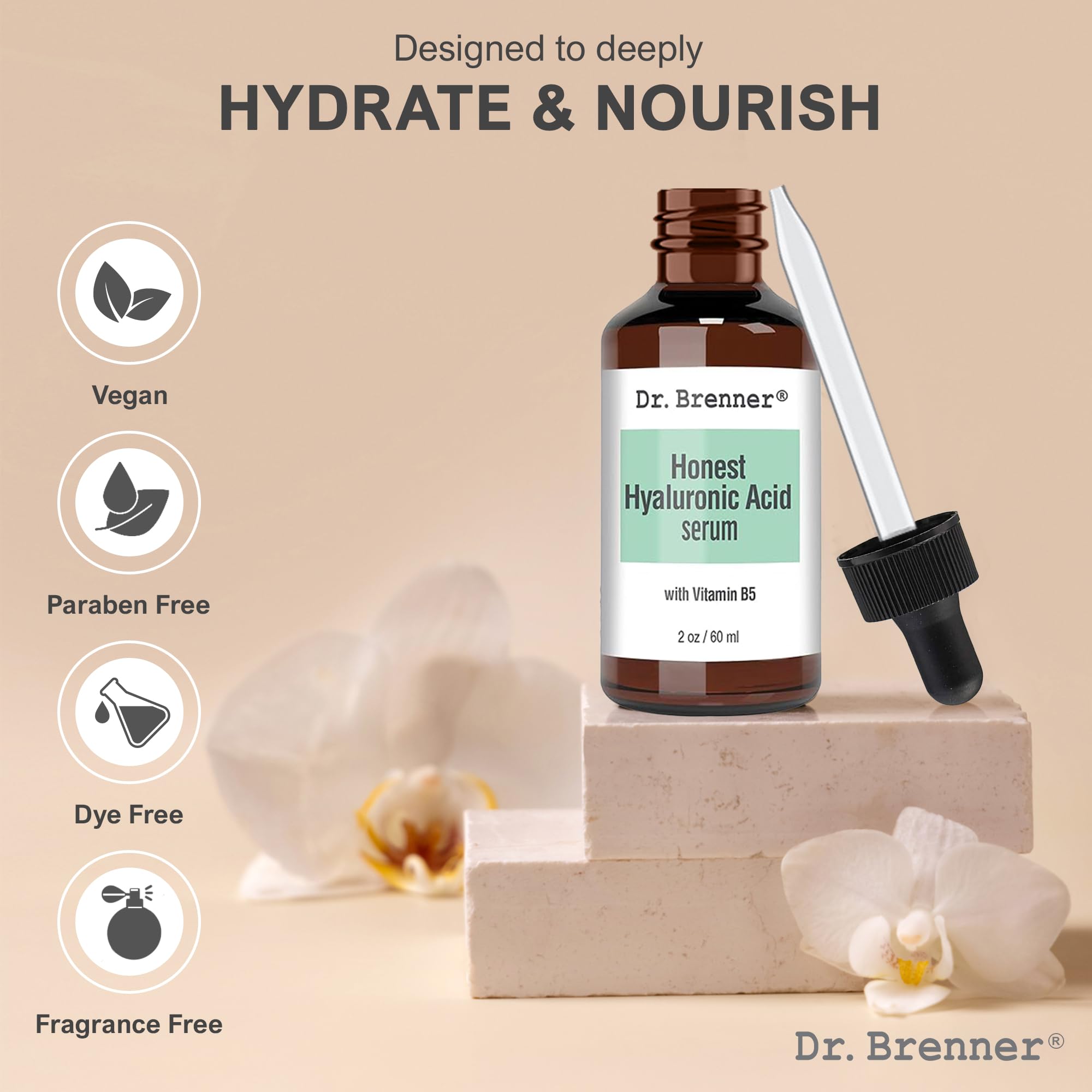 Dr. Brenner Hyaluronic Acid Serum closeup label emphasizes clean formula