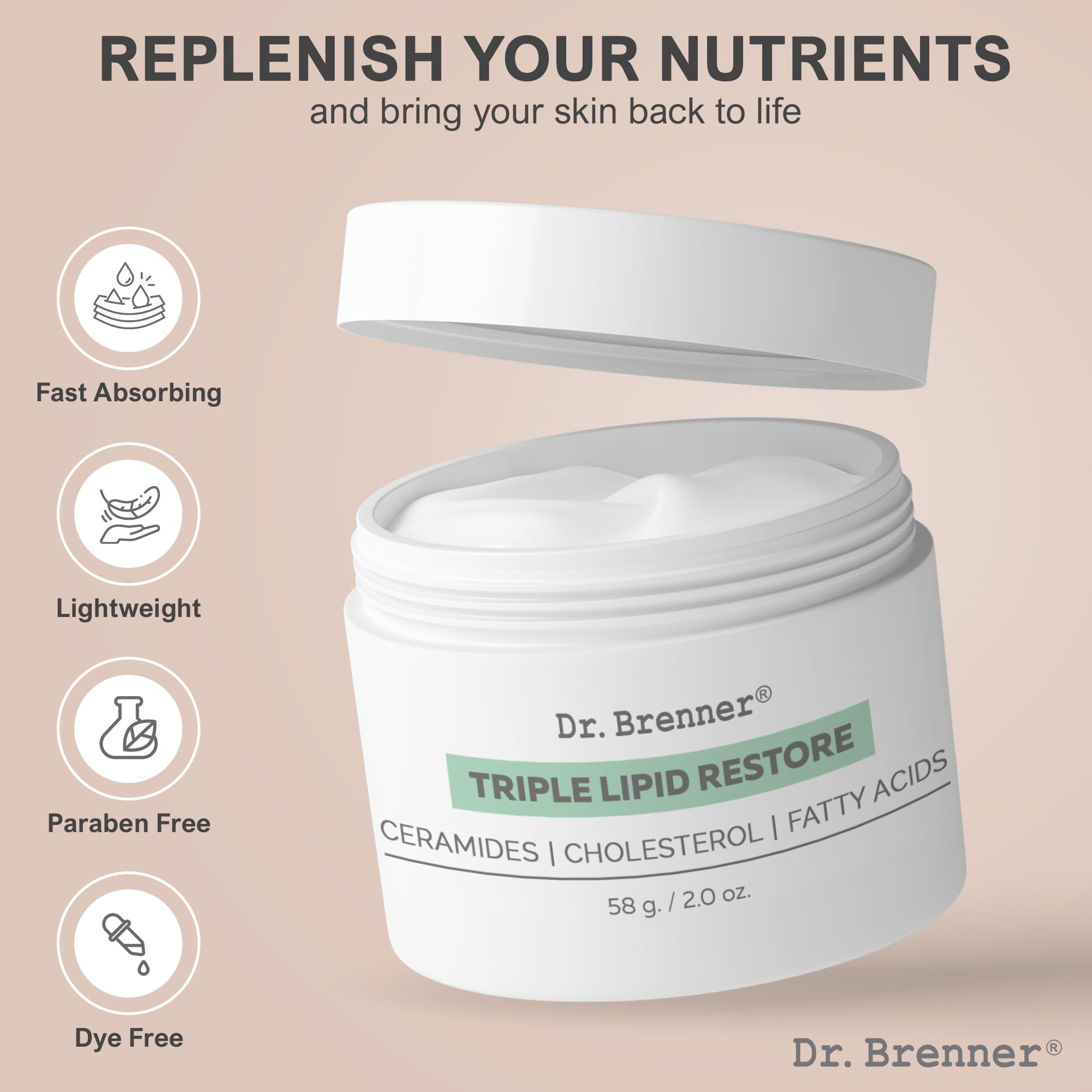 Dr. Brenner Triple Lipid Restore ceramides-illustration highlights essential lipids for skin barrier support.