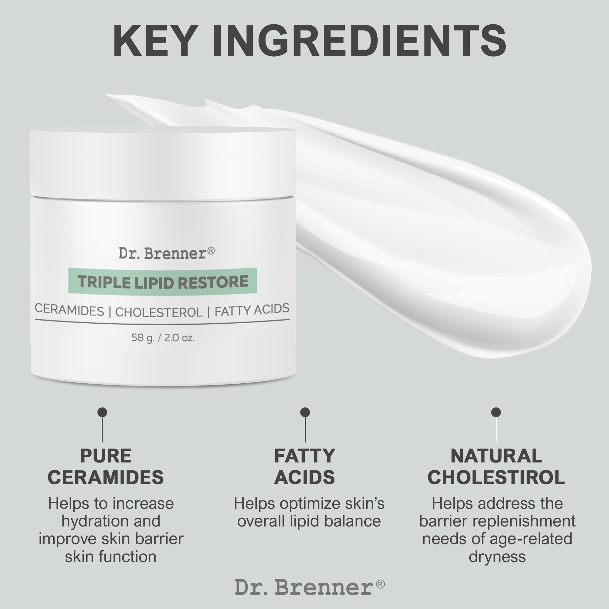 Dr. Brenner Triple Lipid Restore packaging emphasizes a clean, fragrance-free formula for all skin types.