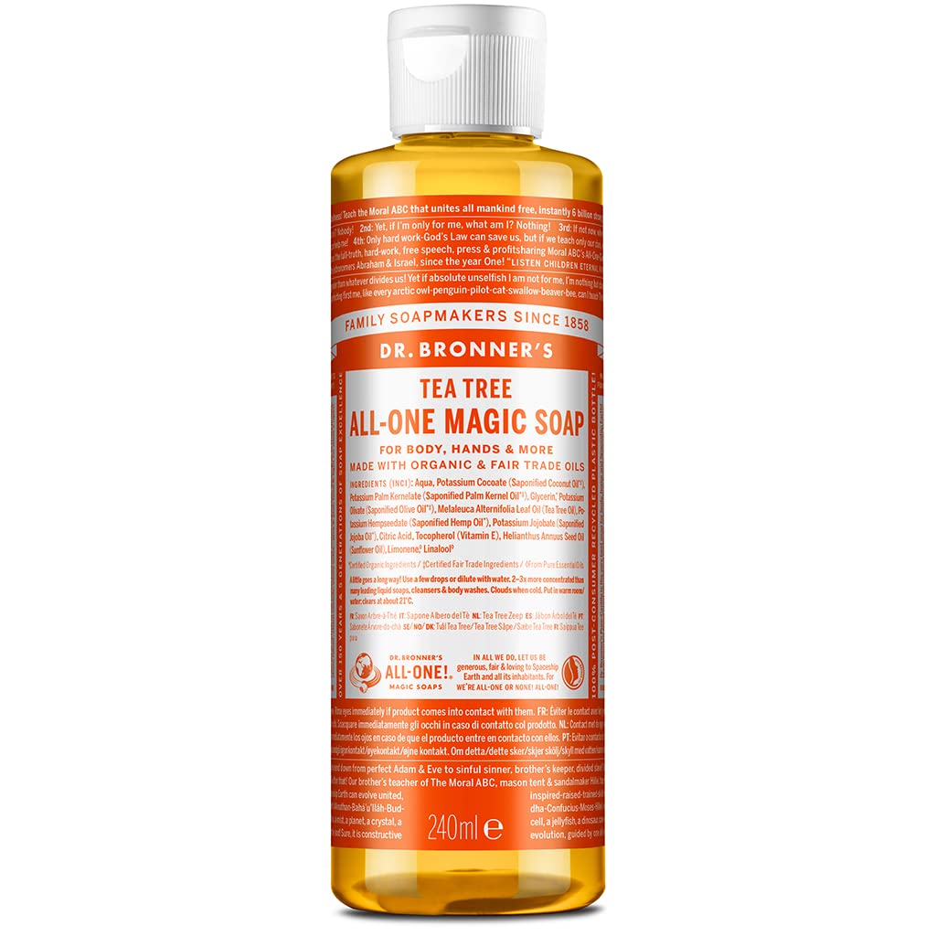 Dr. Bronner's Pure-Castile Tea Tree bottle pour demonstrates versatile cleaning and gentle skincare.