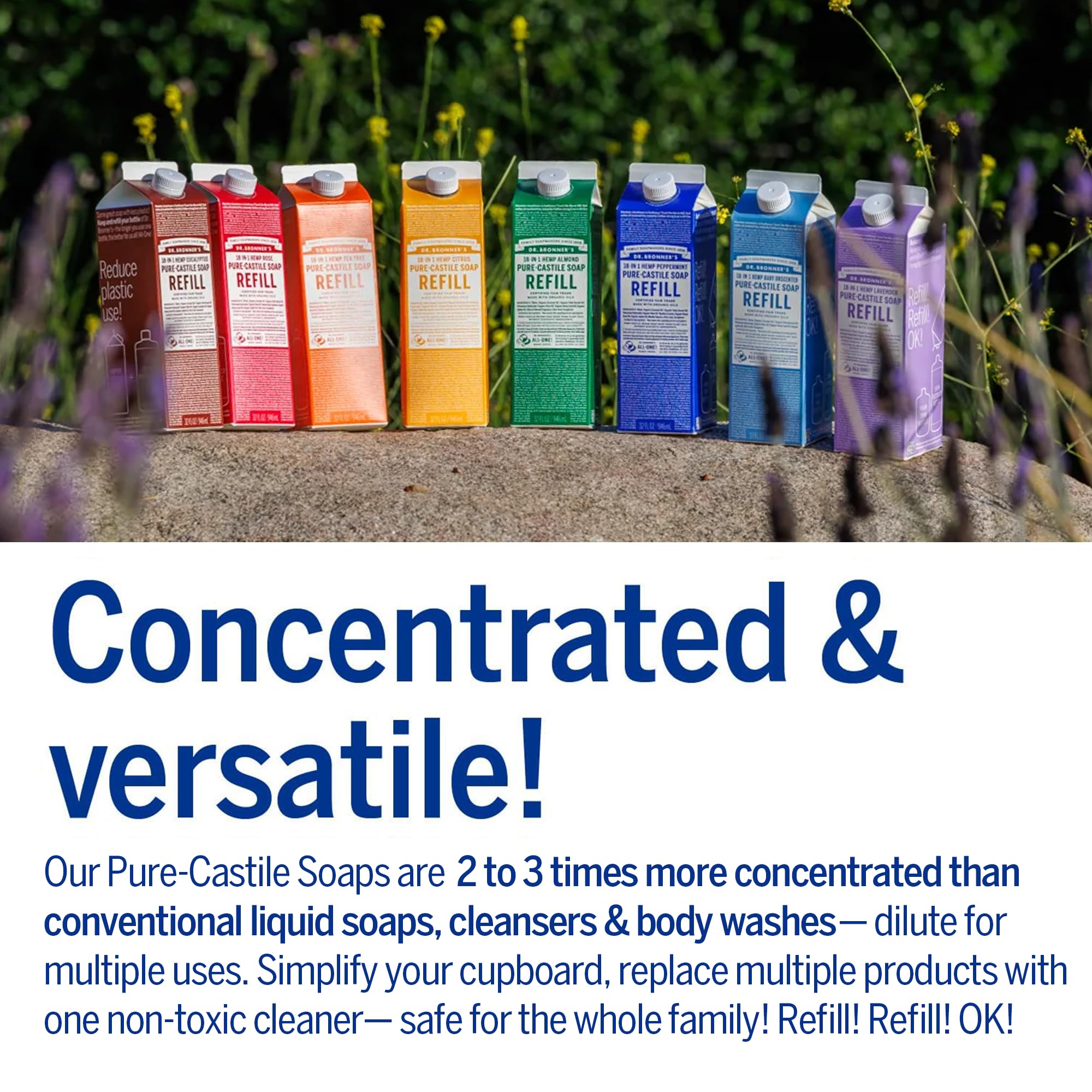 Dr. Bronner's 18-in-1 uses guide illustrates cleaning versatility.
