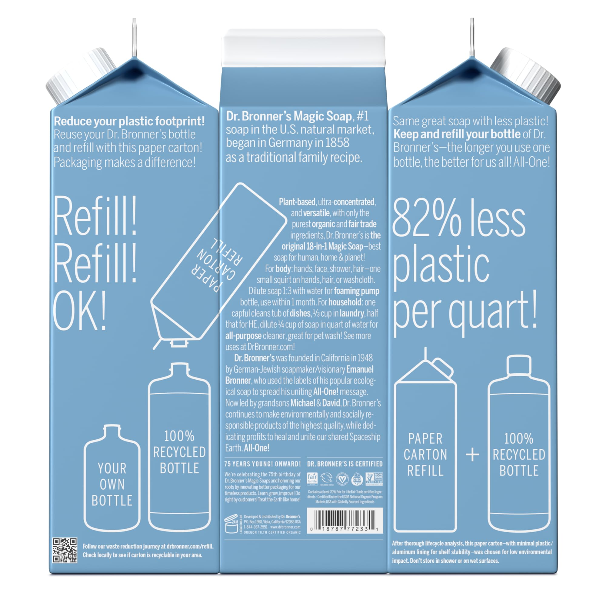 Dr. Bronner's carton shows 86% less plastic, reducing waste.