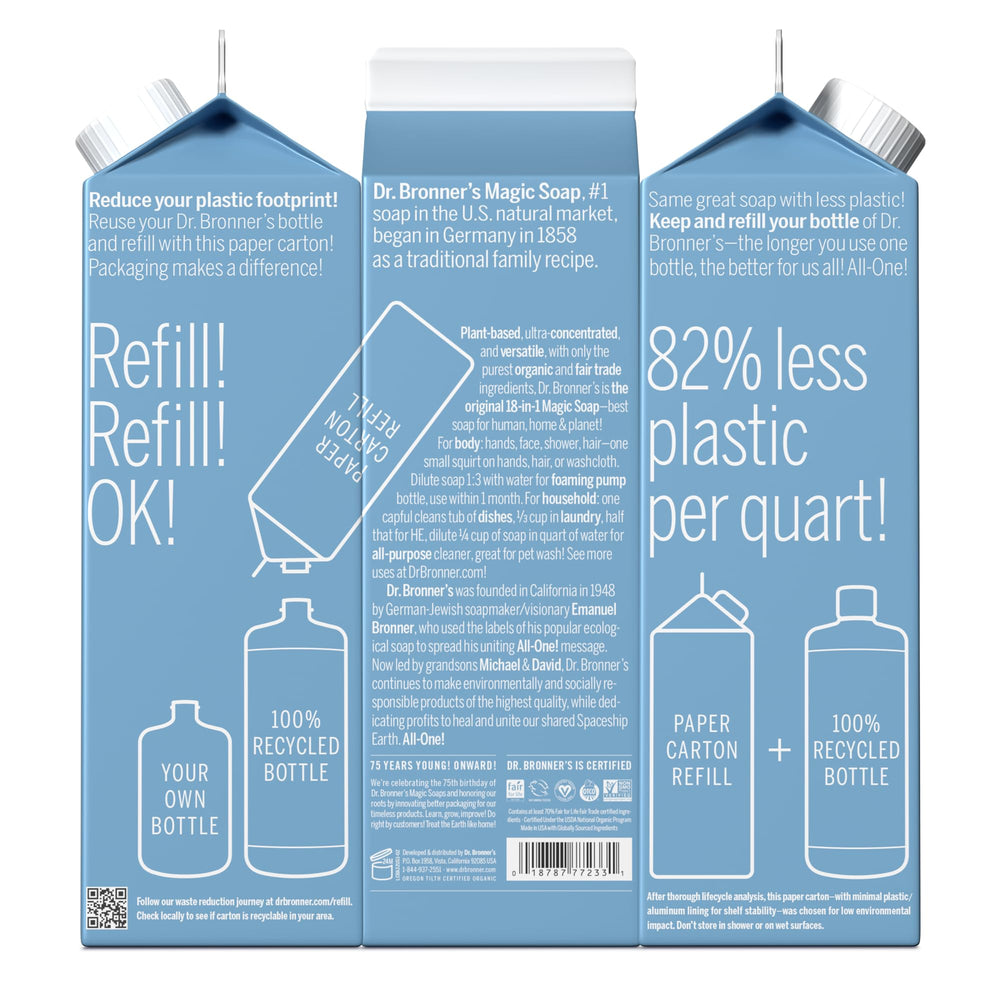 Dr. Bronner's carton shows 86% less plastic, reducing waste.