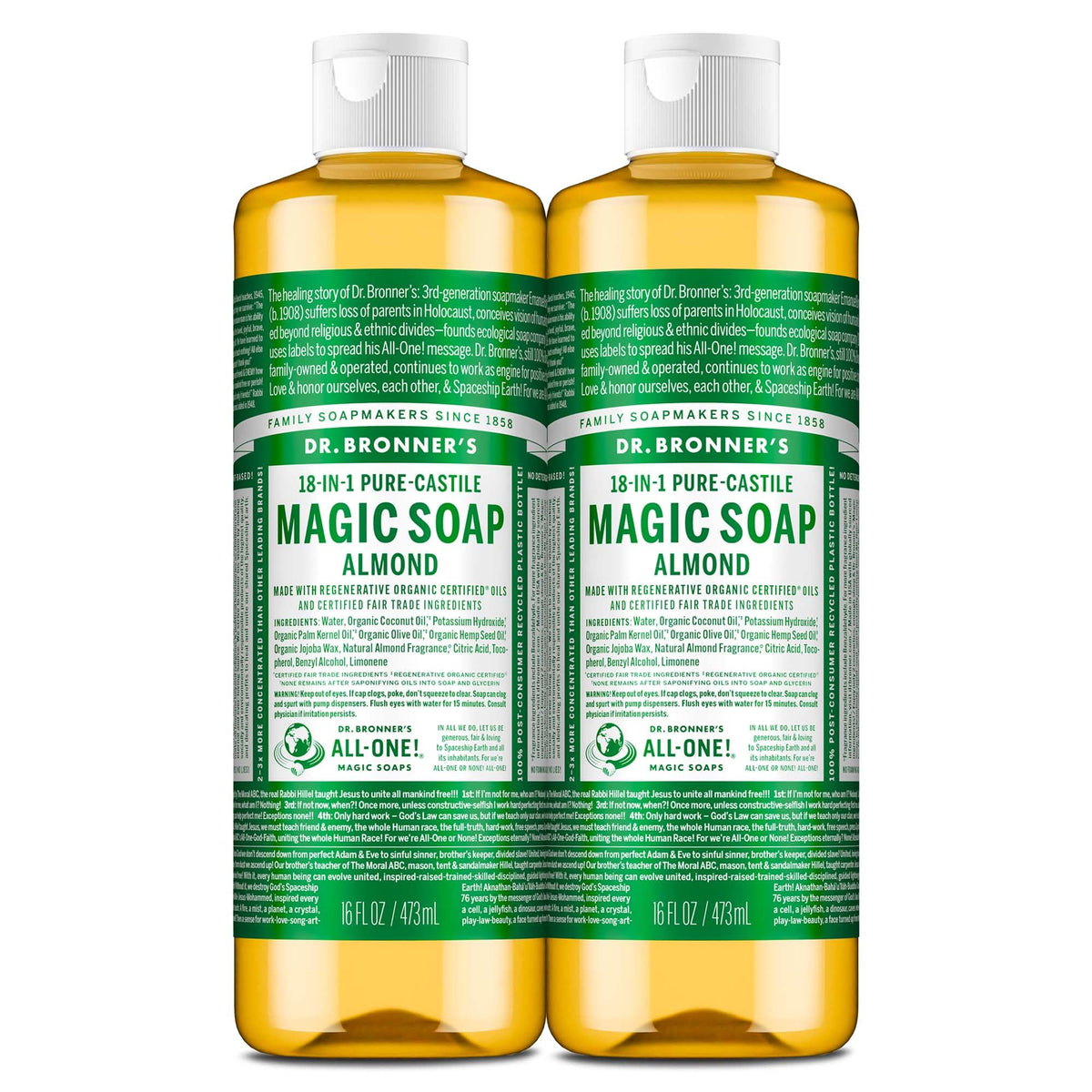 Dr. Bronner's Almond Castile bottle emphasizes sustainable packaging for eco-conscious cleaning.