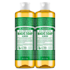 Dr. Bronner's Almond Castile bottle emphasizes sustainable packaging for eco-conscious cleaning.