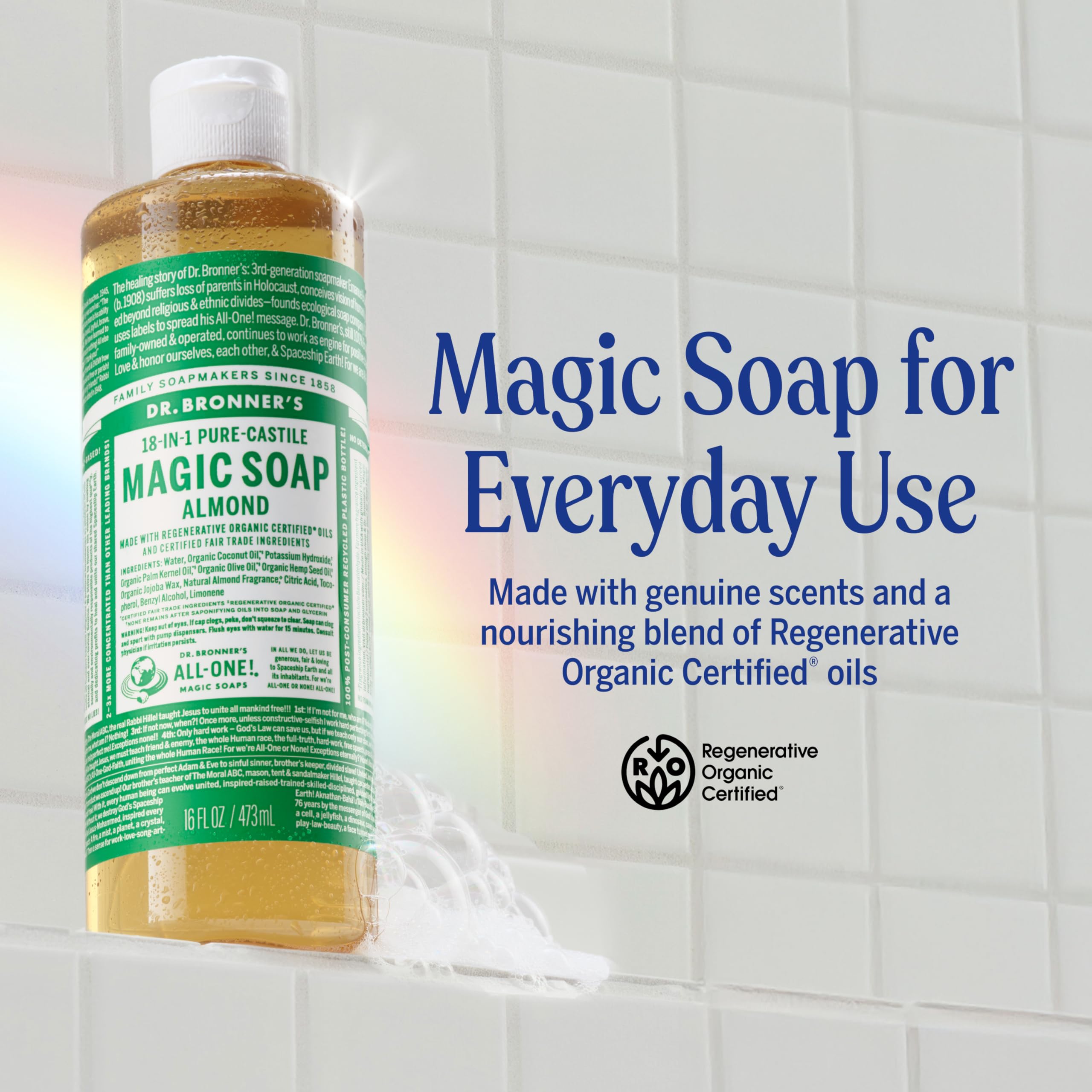 Dr. Bronner's Almond Castile lather shot highlights rich cleansing for skin and hair.