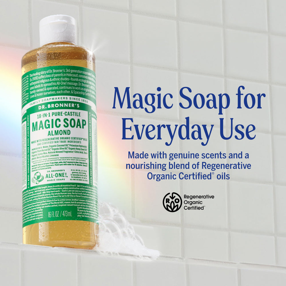 Dr. Bronner's Almond Castile lather shot highlights rich cleansing for skin and hair.
