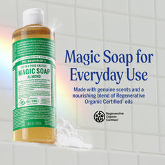 Dr. Bronner's Almond Castile lather shot highlights rich cleansing for skin and hair.