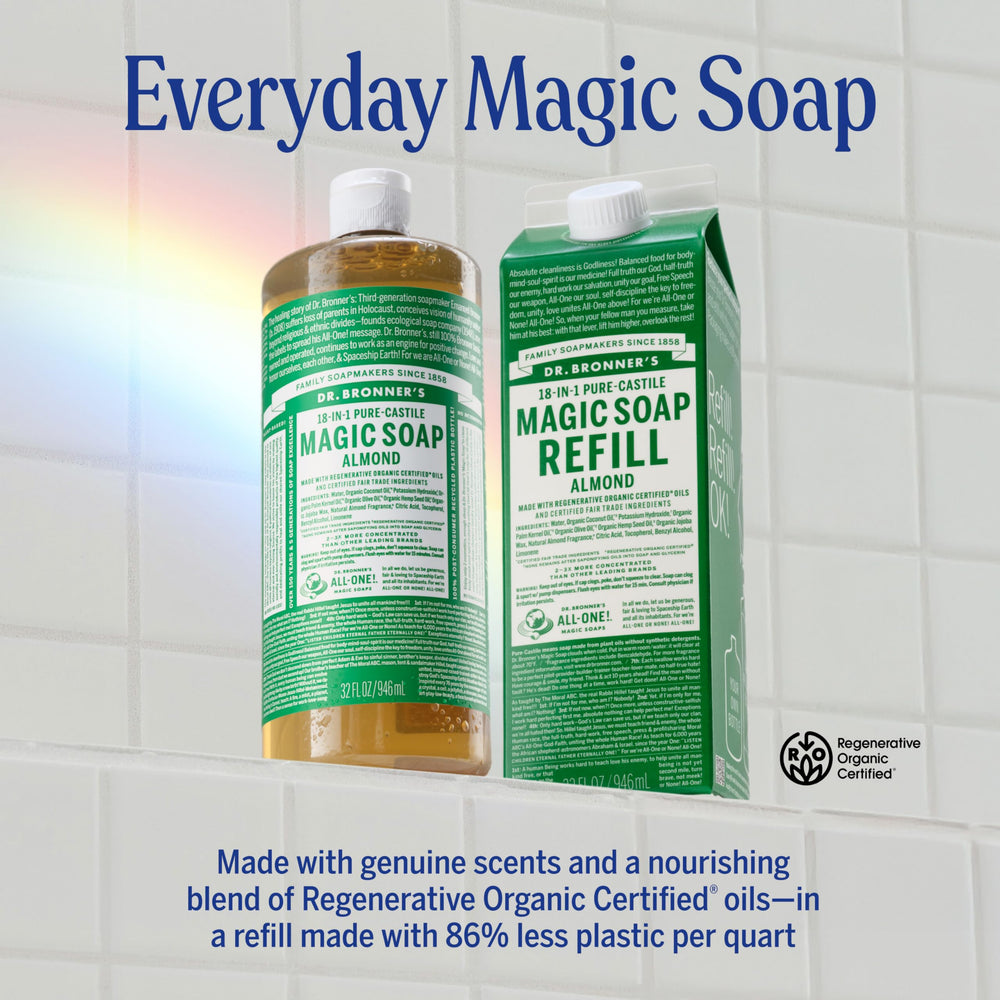 Dr. Bronner's Almond Soap lather close-up demonstrating rinses clean.