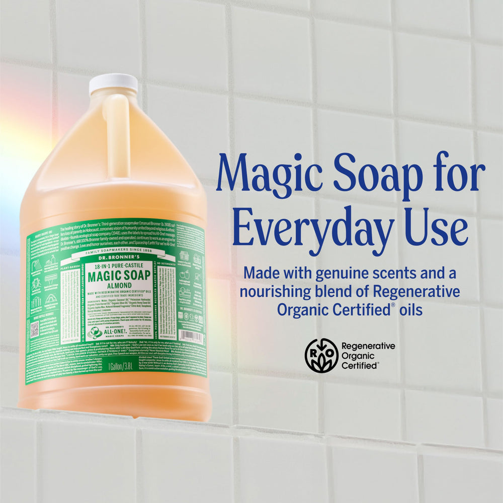 Dr. Bronner's Almond lather foam demonstrates rich cleansing for skin.