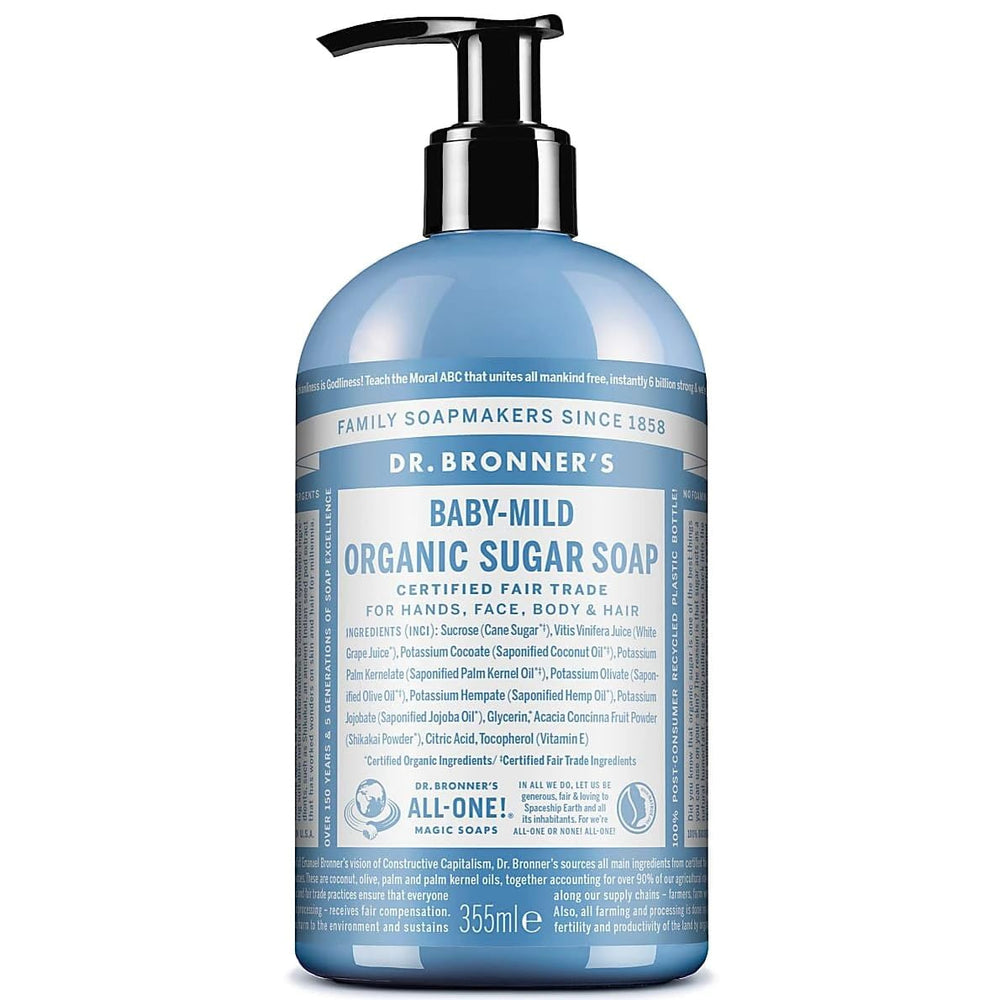 Dr. Bronner's Baby Mild sugar soap bottle on black background, fragrance-free cleansing for face, hands, and hair.