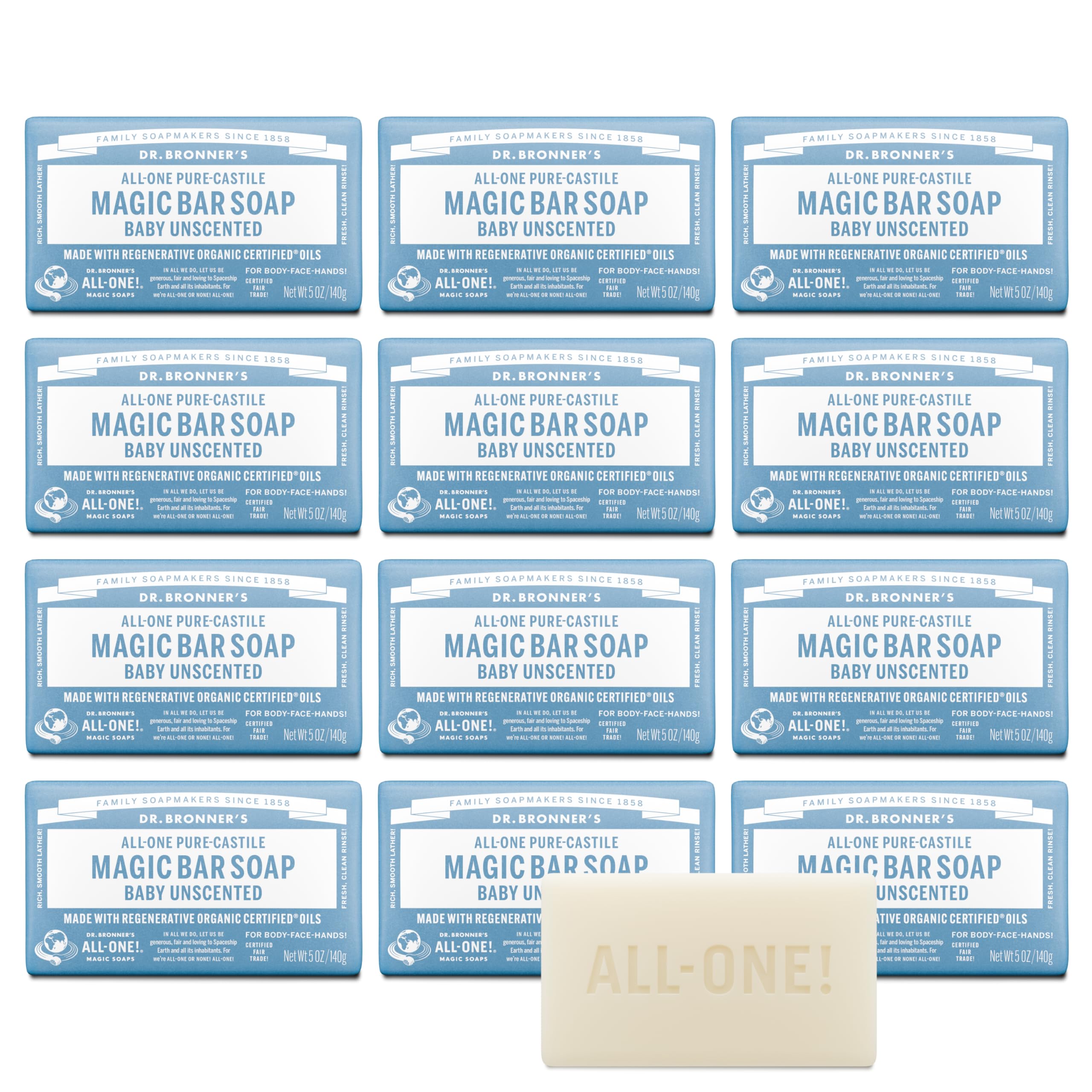 Dr. Bronner's Baby Unscented Bar packaging front highlights eco-friendly wrap for sustainable daily cleansing.