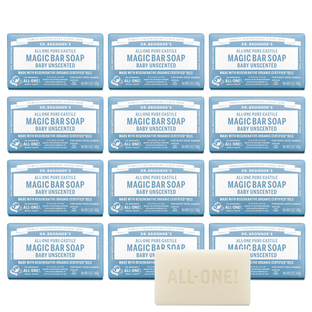 Dr. Bronner's Baby Unscented Bar packaging front highlights eco-friendly wrap for sustainable daily cleansing.