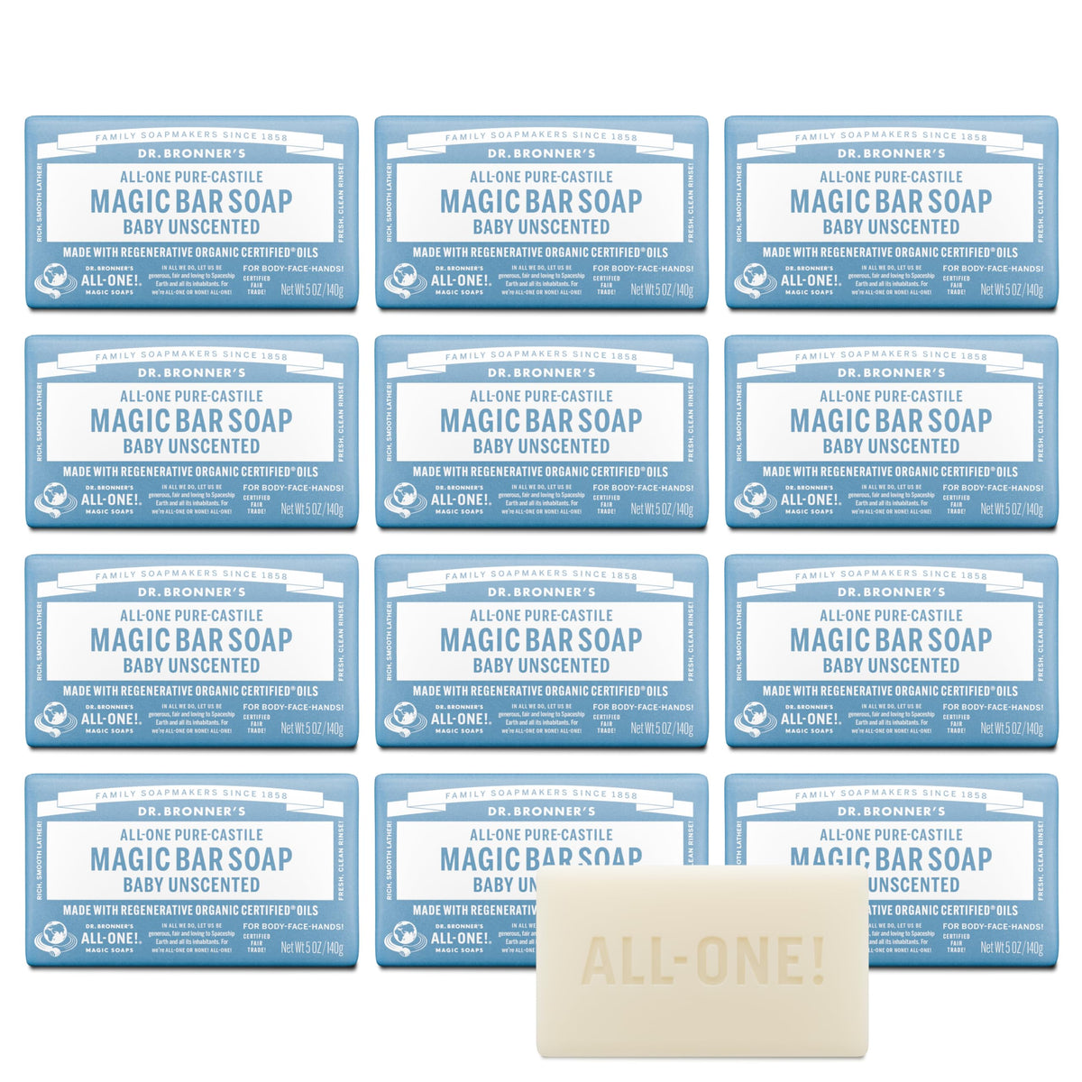 Dr. Bronner's Baby Unscented Bar packaging front highlights eco-friendly wrap for sustainable daily cleansing.