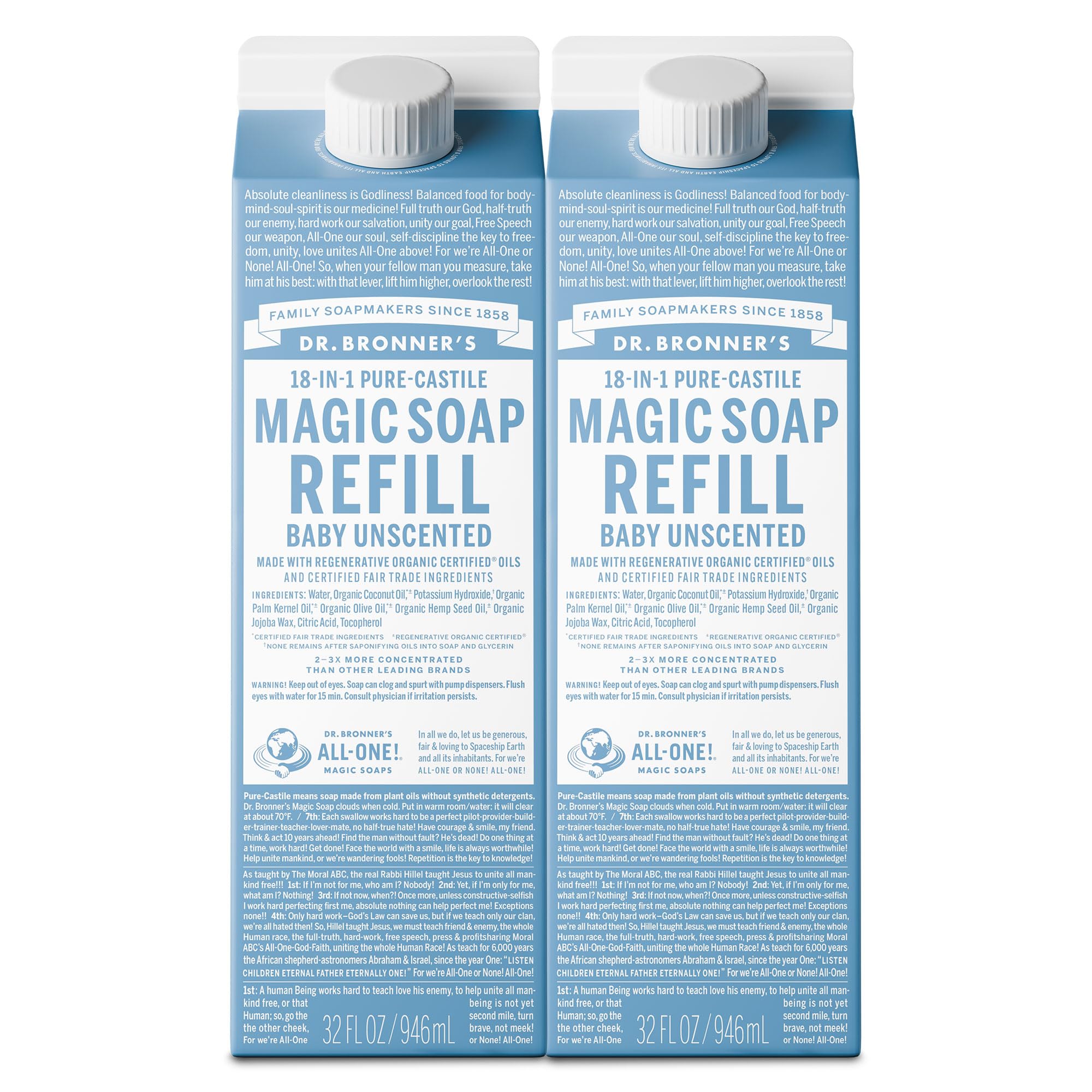 Dr. Bronner's Baby Unscented refill bottle for gentle family cleansing
