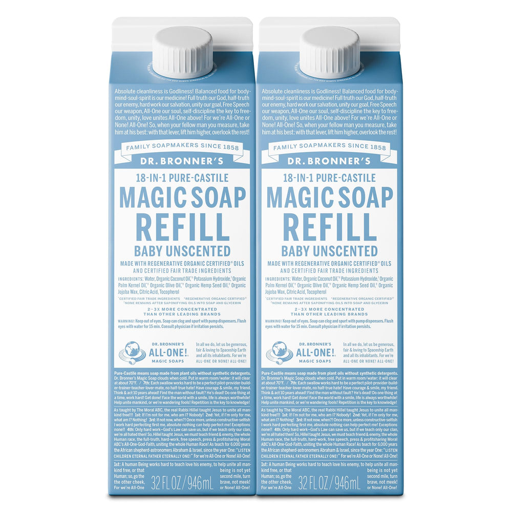 Dr. Bronner's Baby Unscented refill bottle for gentle family cleansing