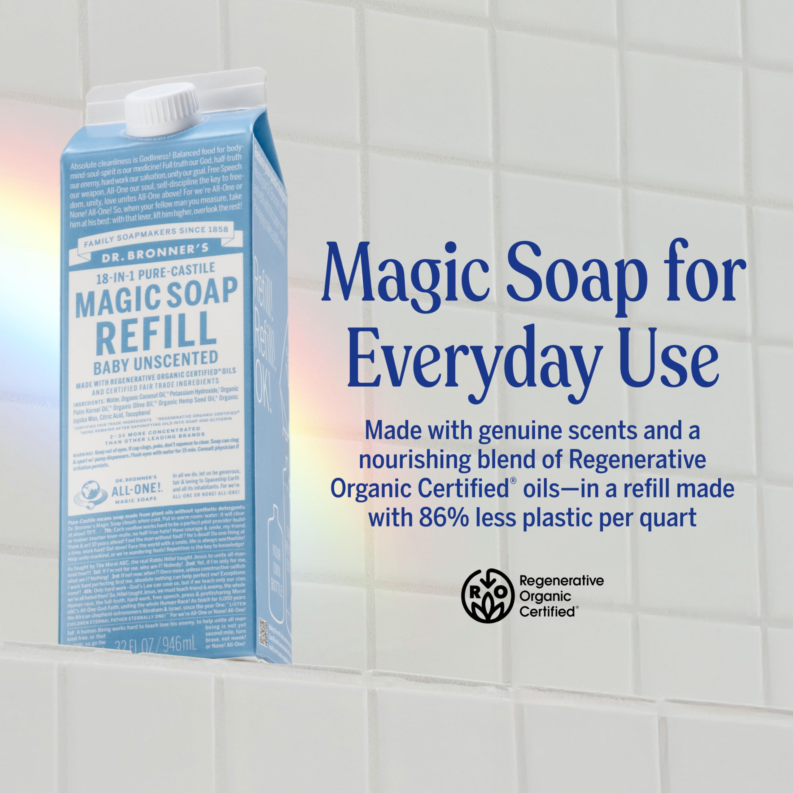 Dr. Bronner's refill carton demonstrates 86% plastic reduction